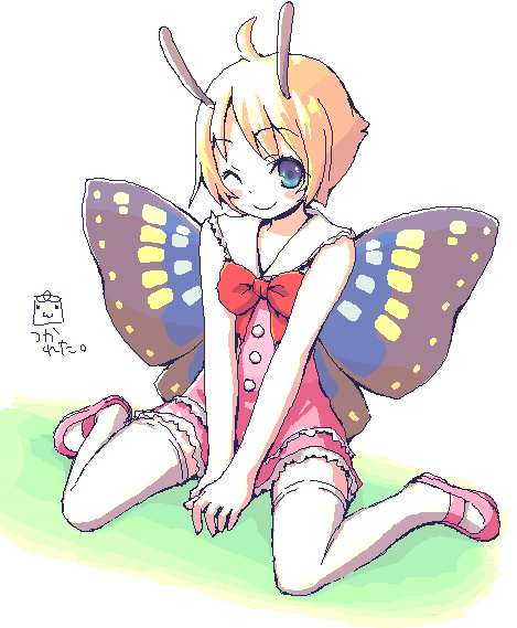 1boy antennae fairy full_body insect_wings kimarin male_focus mary_janes pink_shoes shimon shimotsuma shoes solo thigh-highs trap white_background wings wink