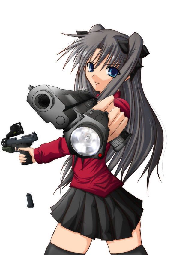 1girl beretta_92 black_hair blue_eyes desert_eagle dual_wielding fate/stay_night fate_(series) gun handgun hands_on_hips locked_slide long_hair magazine_(weapon) magazine_ejection pistol semiautomatic skirt solo su-35_(artist) thigh-highs tohsaka_rin toosaka_rin turtleneck twintails two_side_up weapon zettai_ryouiki