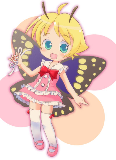 1girl antennae blonde_hair butterfly crossdressinging fairy hatomugi_(mamotan) mary_janes pink_shoes shimon shimotsuma shoes solo thigh-highs wings