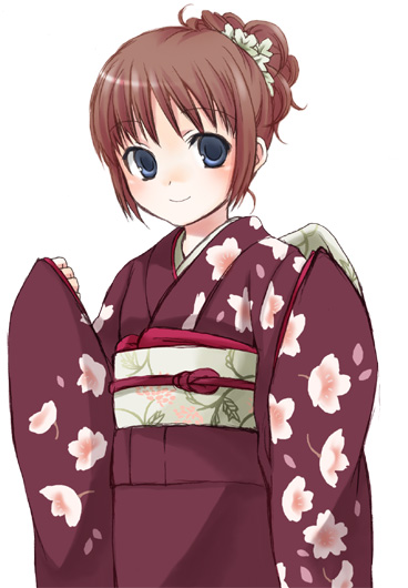 1girl blue_eyes brown_hair floral_print furisode japanese_clothes kimono kubyou_azami new_year obi original sash solo
