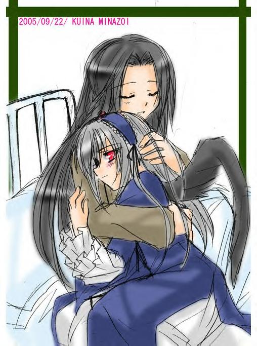 00s 2005 2girls bed black_hair black_wings blush closed_eyes dated dress frills hairband hand_on_another's_head hand_on_head hug kakizaki_megu long_hair minazoi_kuina multiple_girls open_mouth red_eyes rozen_maiden rozen_maiden_traumend sad silver_hair sitting suigintou very_long_hair wings
