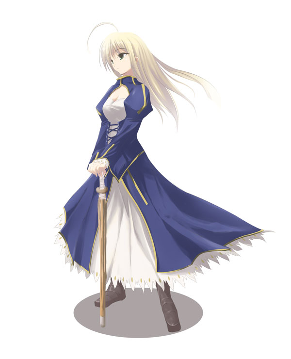 1girl ahoge blonde_hair breasts duplicate fate/stay_night fate_(series) hands_on_hilt long_hair saber satomi shinai simple_background solo sword weapon