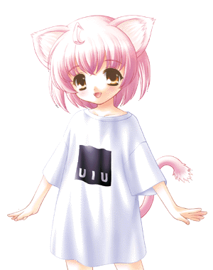 1girl ahoge animal_ears blush brown_eyes cat_ears cat_tail gif_artifacts lowres nyan_nyako_nyan open_mouth pink_hair shirt solo t-shirt tail transparent_background