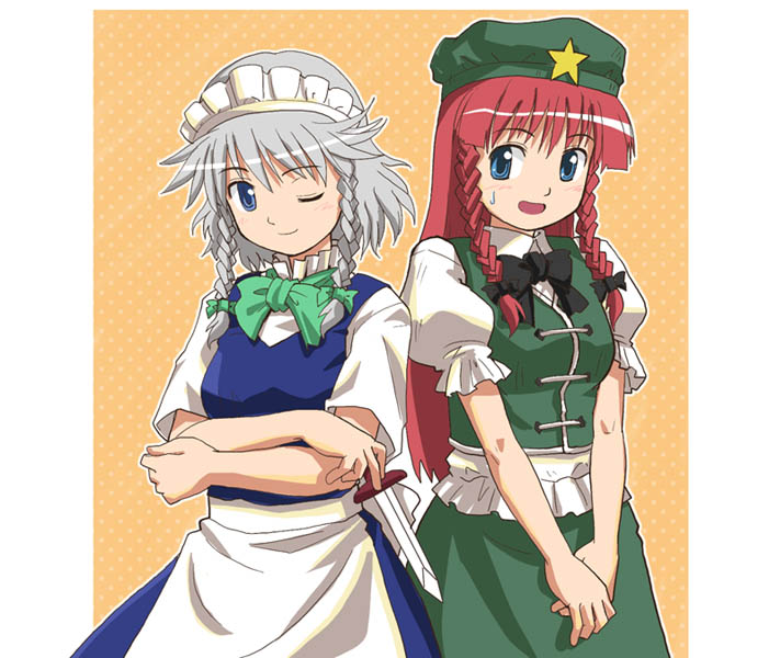 2girls apron between_fingers blue_eyes blush bow braid china_dress chinese_clothes crossed_arms dress female hair_bow hands_together haniwa haniwa_(leaf_garden) hat hong_meiling izayoi_sakuya knife long_hair maid maid_apron maid_headdress multiple_girls open_mouth own_hands_together redhead short_hair silver_hair smile star sweatdrop the_embodiment_of_scarlet_devil touhou twin_braids v_arms wings