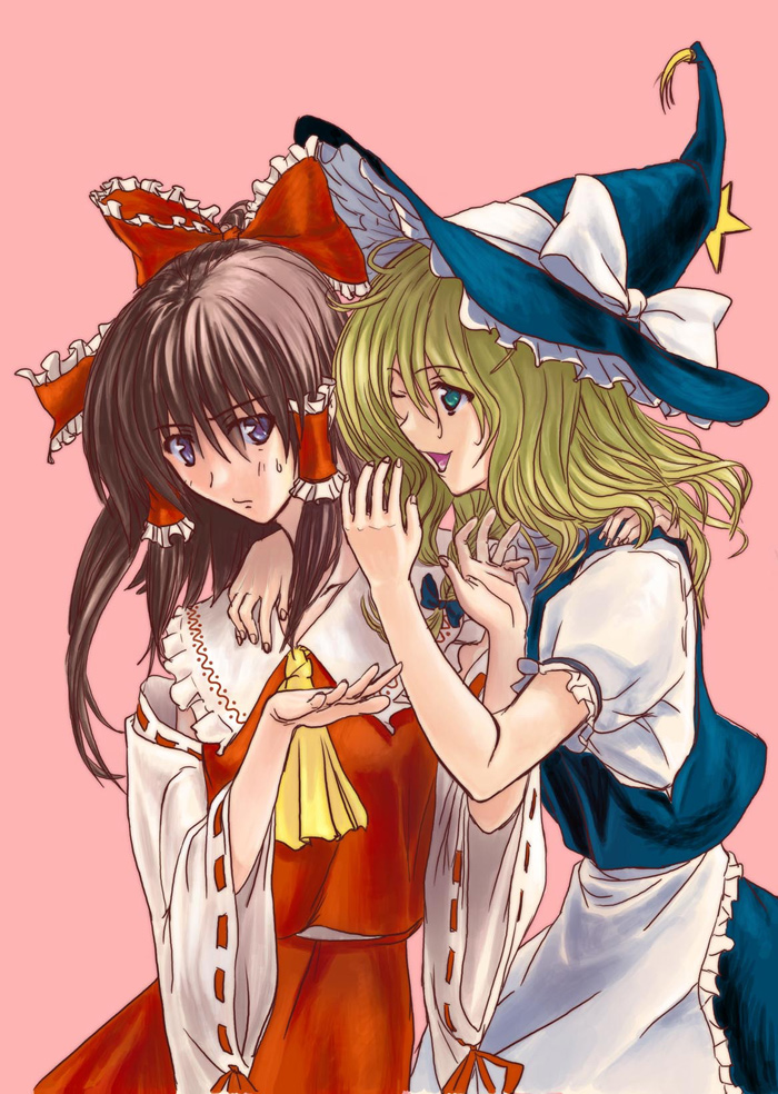 2girls ;d aqua_eyes ascot bangs black_dress blonde_hair blue_eyes bow brown_hair capelet chiki_(botsugo) detached_sleeves dress error eye_contact female frills hair_bow hair_tubes hakurei_reimu hand_on_shoulder hat hat_bow kirisame_marisa large_bow looking_at_another multiple_girls one_eye_closed open_mouth pink_background puffy_sleeves shirt sidelocks simple_background skirt skirt_set smile star sweatdrop touhou vest wavy_mouth when_you_see_it wide_sleeves witch_hat