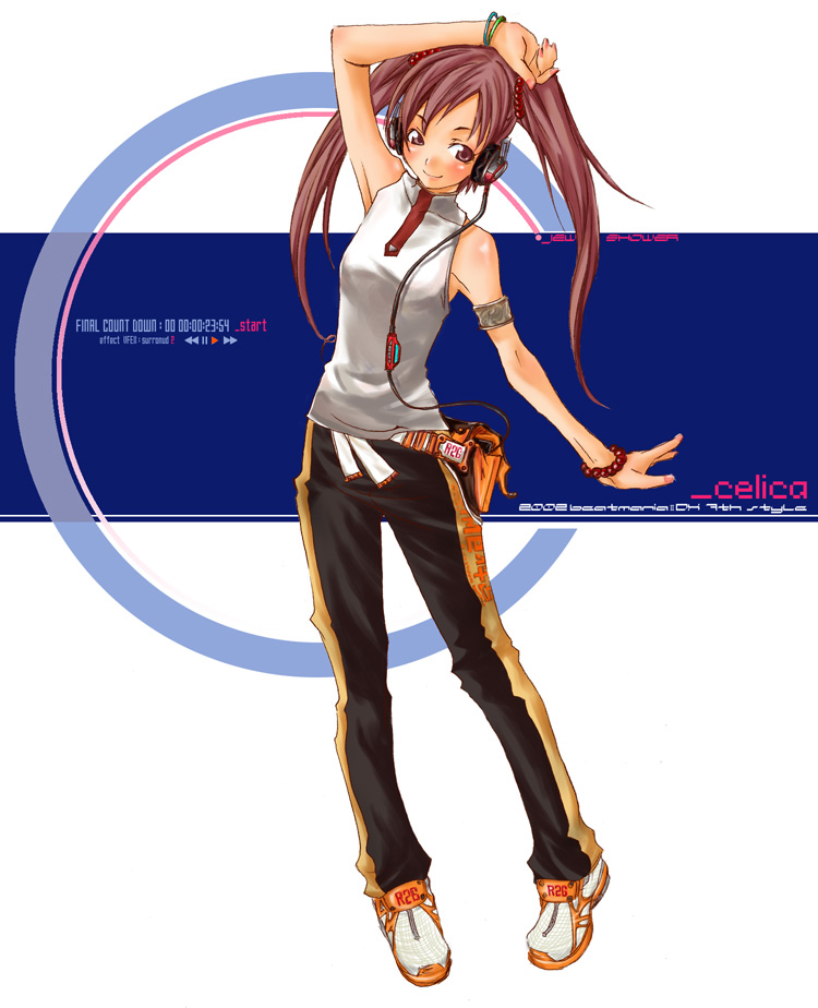 1girl beatmania beatmania_iidx bemani blush brown_eyes brown_hair headphones mizushiro_celica original purple_hair sasetsu solo twintails violet_eyes