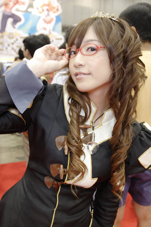 1girl brown_hair cosplay glasses photo red-framed_glasses solo