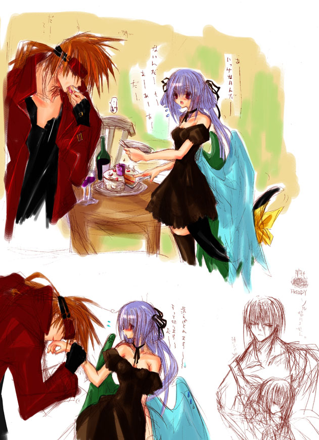 1boy 1girl arc_system_works black_dress blush breasts cake cleavage cloak couple dizzy dress eating eyepatch fingerless_gloves food gloves guilty_gear hair_ribbon hand_kiss hetero kiss medium_breasts neck_ribbon plant redhead ribbon size_difference sketch sol_badguy table tail vines wings