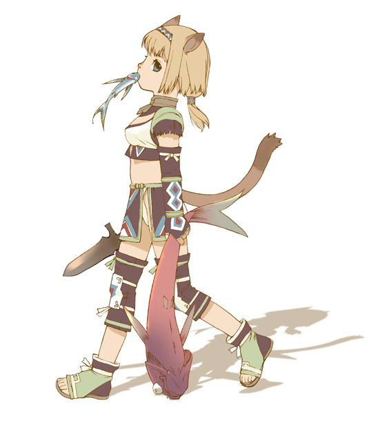 1girl animal_ears blonde_hair blue_eyes brown_hair cat_ears cat_tail detached_sleeves final_fantasy final_fantasy_xi fish green_eyes knife mithra shoes short_hair solo tail