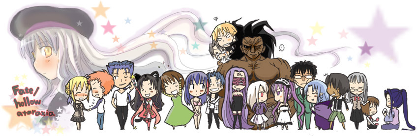 6+boys 6+girls assassin assassin_(fate/stay_night) berserker blonde_hair caren_hortensia caster chibi emiya_shirou euryale everyone fate/hollow_ataraxia fate/stay_night fate_(series) fujimura_taiga gilgamesh himuro_kane illyasviel_von_einzbern kaleido_ruby kuzuki_souichirou lancer makidera_kaede marupeke matou_sakura matou_shinji mitsuzuri_ayako multiple_boys multiple_girls pantyhose rider saber saegusa_yukika stheno thigh-highs tohsaka_rin