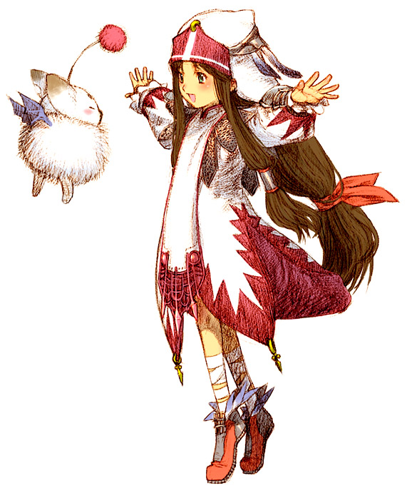 1girl bandage blush brown_hair clavat creature final_fantasy final_fantasy_crystal_chronicles floating_hair full_body green_eyes habit hair_ribbon hair_tubes long_hair low-tied_long_hair moogle open_mouth original outstretched_arms ribbon robe sakamoto_mineji shoes sidelocks simple_background smile solo spread_arms standing tied_hair tiptoes very_long_hair white_mage whitemage