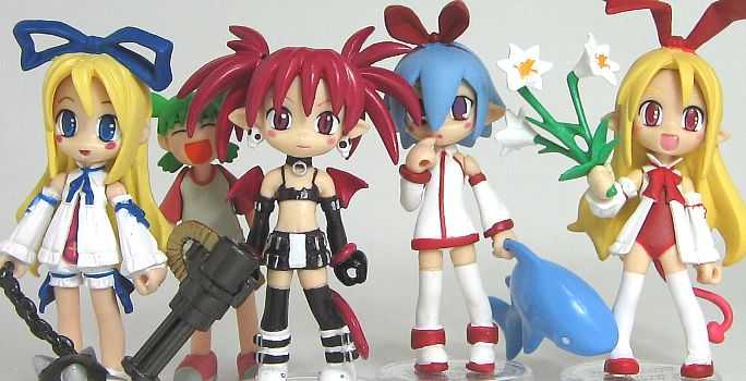 5girls chibi crossover disgaea etna fallen_angel figure flonne flonne_(fallen_angel) koiwai_yotsuba leotard makai_senki_disgaea multiple_girls odd_one_out original photo pleinair same-san stuffed_animal stuffed_toy thigh-highs yotsubato!