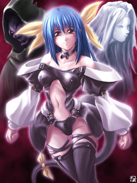 1girl arc_system_works asymmetrical_wings bare_shoulders blue_hair choker dizzy guilty_gear guilty_gear_x guilty_gear_xx hair_ribbon kagehara_hanzou necro necro_(guilty_gear) red_eyes ribbon skull smile tail tail_ribbon thigh-highs thigh_gap thighs undine_(guilty_gear) wings