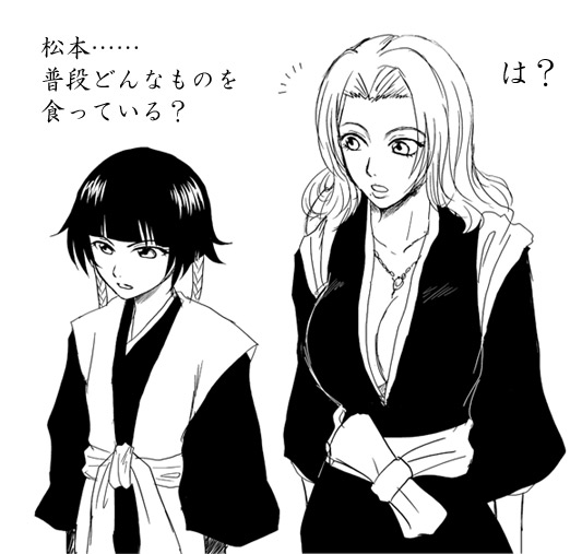 2girls bleach breast_envy breasts cleavage haori japanese_clothes large_breasts long_hair matsumoto_rangiku monochrome multiple_girls sui-feng translated twintails