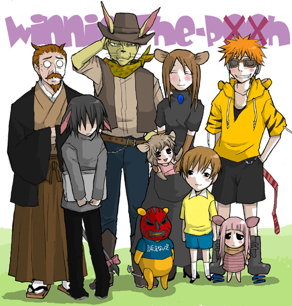 3girls 6+boys child christopher_robin cowboy cowboy_hat disney eeyore everyone faceless faceless_male hat japanese_clothes kanga mask multiple_boys multiple_girls owl_(winnie_the_pooh) parody personification piglet_(winnie_the_pooh) pooh rabbit_(winnie_the_pooh) roo tigger translated western winnie_the_pooh