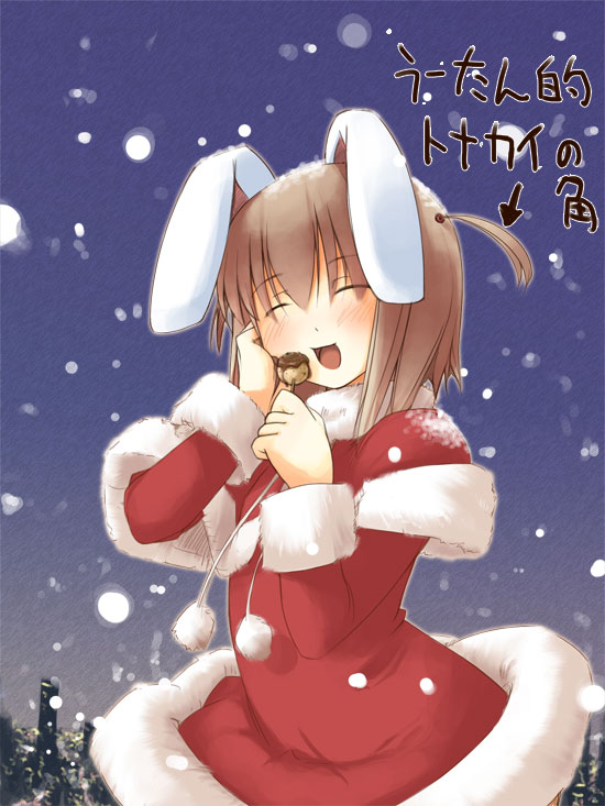 1girl animal_ears christmas food jirou_(chekoro) original rabbit_ears santa_costume snow snowing solo takoyaki