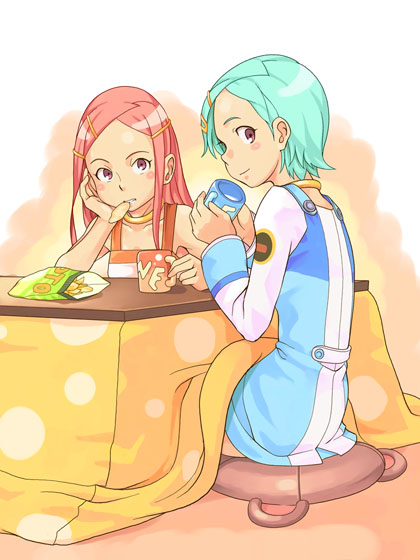 2girls anemone_(eureka_seven) aqua_hair bare_shoulders blue_jacket blush chips collarbone cup dress eating eureka eureka_seven eureka_seven_(series) hair_ornament hairclip indoors jacket jewelry kotatsu long_sleeves looking_at_viewer mannen_hitsu milk multiple_girls neck_ring orange_dress red_eyes redhead seiza sitting smile table