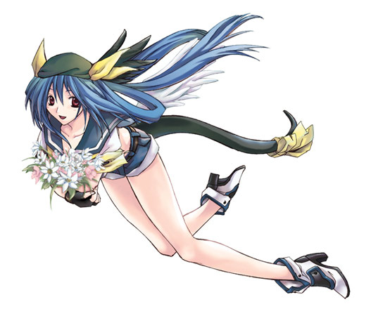 1girl arc_system_works asymmetrical_wings bad_anatomy blue_hair dizzy flying guilty_gear pirate red_eyes ribbon solo tail tail_ribbon wings