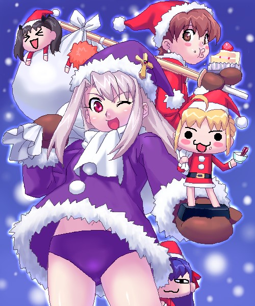 1boy 5girls :3 ;d artoria_pendragon_(all) blonde_hair buruma cake christmas emiya_shirou fate/stay_night fate_(series) food fujimura_taiga gym_uniform hat illyasviel_von_einzbern matou_sakura mittens multiple_girls oekaki one_eye_closed open_mouth pastry purple_hat saber sack santa_costume santa_hat smile tohsaka_rin what zen