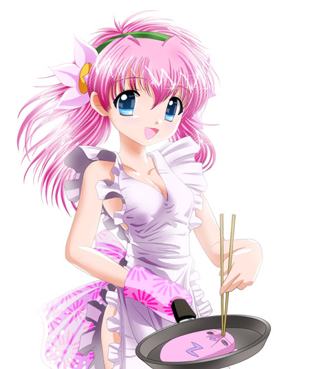 00s 1girl apron blue_hair bow broccoli_(company) chopsticks collarbone flower frying_pan galaxy_angel hair_flower hair_ornament hairband long_hair looking_at_viewer milfeulle_sakuraba naked_apron normad simple_background smile solo twintails