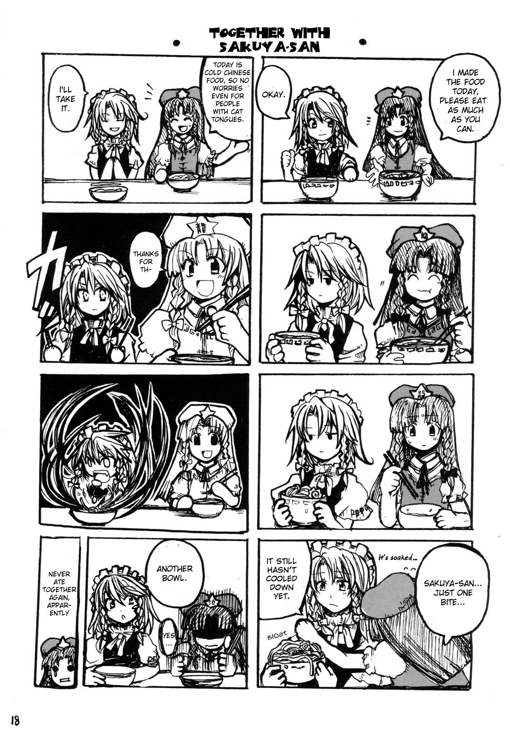 2girls 4koma bow bowl braid china_dress chinese_clothes chopsticks closed_eyes comic dress eating fang female food frown hair_bow hard_translated hat highres hong_meiling izayoi_sakuya long_hair maid maid_headdress monochrome moonlight_syndrome multiple_4koma multiple_girls noodles praying ramen sad short_hair sitting smile star surprised sweatdrop table tako_(plastic_protein) tears the_embodiment_of_scarlet_devil thumbs_up touhou translated twin_braids