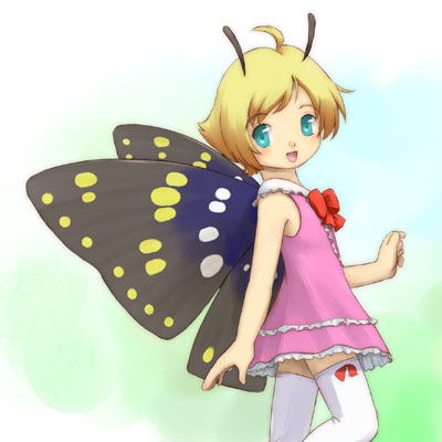 1boy antennae butterfly crossdressinging dress fairy gradient gradient_background insect_wings lowres male_focus pink_dress shimon shimotsuma solo thigh-highs trap wings