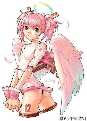 1girl android angel angel_wings ass brown_eyes detached_sleeves doll_joints feathers flat_ass flat_chest from_behind hair_ornament hakua_ugetsu halo hands_clasped leotard looking_back lowres nail_polish pink_hair pink_nails psikyo short_hair short_twintails simple_background smile solo tattoo turtleneck twintails wings wrist_cuffs