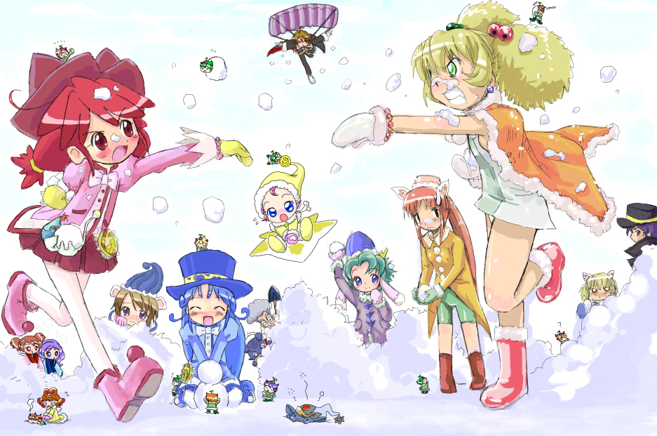 3boys 6+girls ? aada_(fushigiboshi_no_futago_hime) ahoge altessa angry animal_ears baby blonde_hair blue_eyes blue_hair blush boots bow bowtie bright_(fushigiboshi_no_futago_hime) brown_hair camelot camelot_(fushigiboshi_no_futago_hime) cape chaba chaba_(chabanyu) character_request clenched_teeth closed_eyes coat dress earmuffs earrings everyone fine flat_chest flying frown fur fushigiboshi_no_futago_hime gloves green_eyes green_hair hair_bobbles hair_ornament hat iida_(fushigiboshi_no_futago_hime) jewelry leg_lift leonne long_hair lulu_(fushigiboshi_no_futago_hime) milky_(fushigiboshi_no_futago_hime) miniboy minigirl miruro mittens multiple_boys multiple_girls open_mouth orange_hair outdoors panties pantyhose pantyshot parachute peeping pink_hair ponytail purple_hair red_eyes redhead rein seed_princesses shade_(fushigiboshi_no_futago_hime) shovel skirt smile snow snowball snowball_fight snowman sophie_(fushigiboshi_no_futago_hime) star teeth the_eleven_seed_princesses tio_(fushigiboshi_no_futago_hime) top_hat twintails underwear violet_eyes white_legwear white_panties worktool