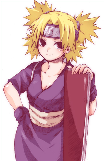 1girl bar blonde_hair blush breasts brown_eyes cleavage collarbone fan female fingerless_gloves gloves hand_on_hip headband hips japanese_clothes kimono kubyou_azami looking_at_viewer medium_breasts naruto naruto_shippuuden quad_tails sash short_hair simple_background smile solo spiky_hair standing temari traditional_clothes weapon white_background