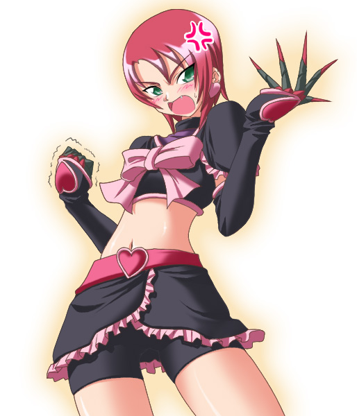 1girl anger_vein blush claws clenched_hand cosplay crossover cure_black cure_black_(cosplay) earrings elbow_gloves fang futari_wa_precure gloves green_eyes jewelry magical_girl matatabi_(2ccp) midriff my-hime parody precure redhead short_hair shorts_under_skirt solo sweatdrop trembling white_background yuuki_nao