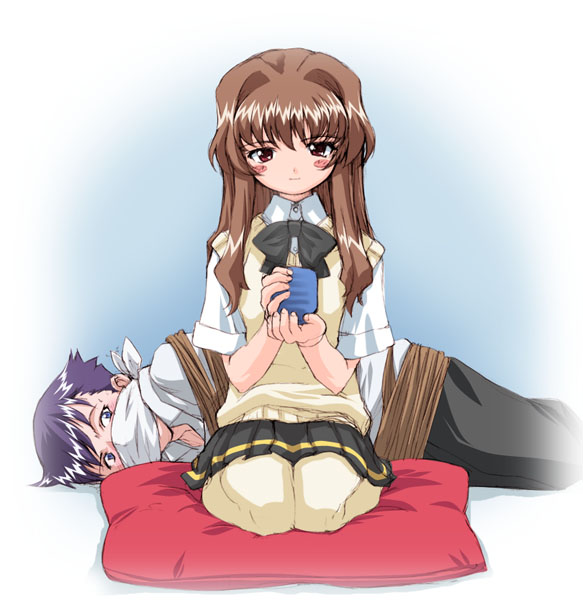 00s 1boy 1girl bdsm black_bow black_bowtie blue_eyes blush bondage bound bow bowtie brown_hair cup gag gagged gagged_male holding holding_cup kamishiro_maiku kneeling long_hair lying maiku morino_ichigo on_side onegai_teacher onegai_twins pleated_skirt purple_hair red_eyes rope school_uniform seiza serafuku short_sleeves sitting skirt sweater_vest tea thigh-highs vest yunomi