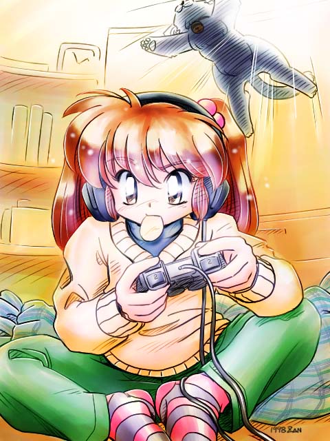 1girl brown_hair butterfly_sitting cat chips food game_console headphones mouth_hold original pants playing_games playstation_2 potato_chips sitting socks solo striped striped_legwear sweater video_game zan