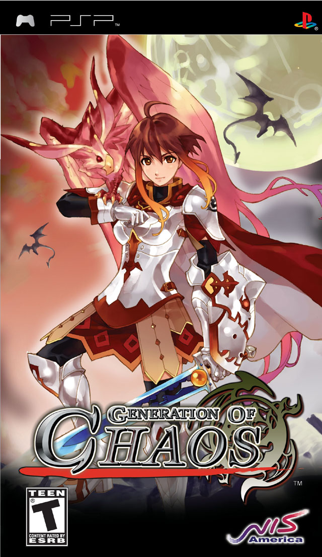 00s 1girl ahoge armor bird cape cover game game_cover generation_of_chaos gradient_hair handheld_game_console moon multicolored_hair official_art playstation_portable shin_tenmakai_~goc_iv_another_side~ short_hair solo sword weapon