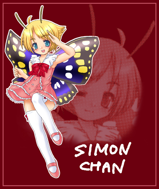 1girl antennae blonde_hair butterfly fairy mary_janes pink_shoes shimon shimotsuma shoes solo thigh-highs wings