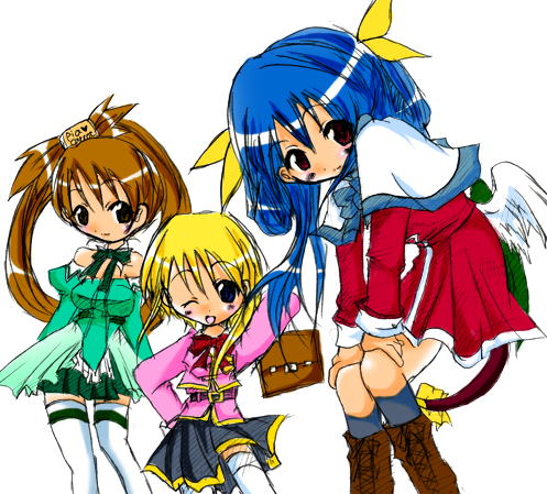 1boy 2girls arc_system_works asymmetrical_wings blonde_hair blue_eyes blue_hair bridget_(guilty_gear) brown_hair canvas chibi cosplay dizzy guilty_gear hair_ring kanon kuradoberi_jam lowres multiple_girls pia_carrot_(series) pia_carrot_e_youkoso!! red_eyes red_skirt ribbon skirt tail tail_ribbon thigh-highs trap twintails wings