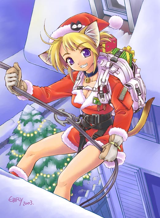 00s 1girl 2003 animal_ears artist_name backpack bag bell bell_collar blonde_hair breasts building cat_ears cat_tail christmas christmas_tree cleavage climbing collar ebifly harness jingle_bell looking_at_viewer rope santa_costume small_breasts snow solo tail teeth violet_eyes winter