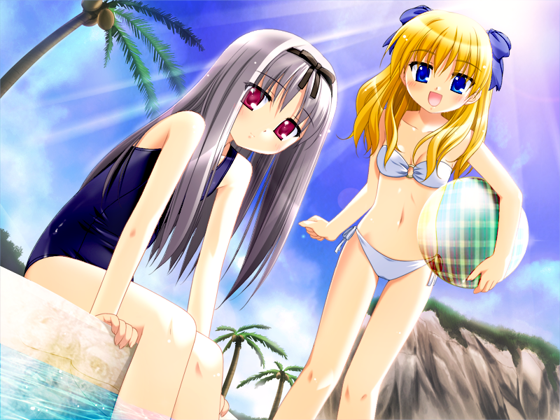 2girls :d ball bandeau bangs beach beachball bikini blonde_hair blue_eyes blue_sky blue_swimsuit blush bow breasts clenched_hand cliff clouds cloudy_sky coconut day dutch_angle feet_in_water flat_chest from_side game_cg hair_bow hairband harley_sarasa_bastille holding leaning_forward light_rays long_hair looking_at_viewer multiple_girls navel o-ring_top one-piece_swimsuit open_mouth outdoors palm_tree parted_bangs peko pink_eyes plaid red_eyes sakura_machizaka_stories school_swimsuit sensei_ga_oshiete_ageru sera_ranesukaya sera_ranevskaya side-tie_bikini silver_hair sitting sky small_breasts smile soaking_feet standing sun sunbeam sunlight swimsuit transparent tree tsuzuki_maki water white_bikini white_swimsuit