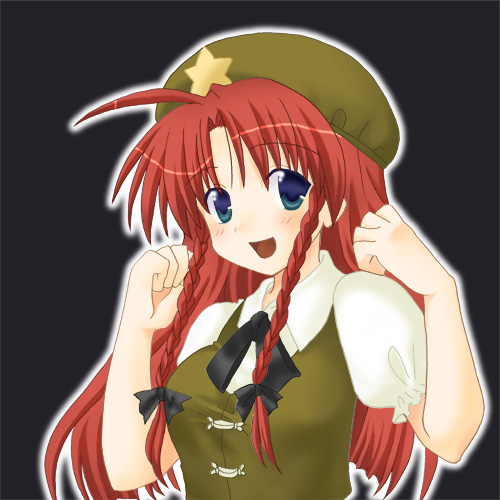 1girl ahoge blue_eyes blush bow braid china_dress chinese_clothes dress female hair_bow hat hong_meiling long_hair lowres open_mouth redhead smile solo star the_embodiment_of_scarlet_devil touhou twin_braids