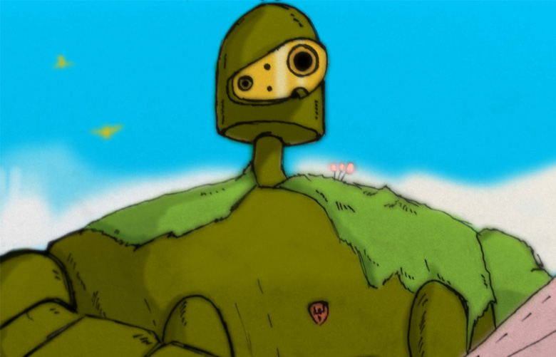 bird blue_sky flower laputa_robot moss no_humans robot sky studio_ghibli tenkuu_no_shiro_laputa upper_body