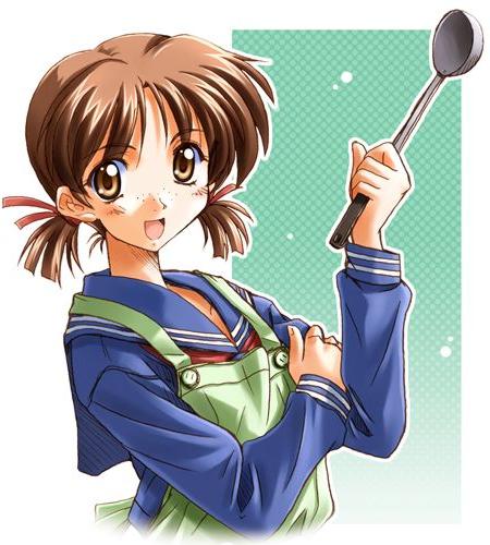 1girl 90s :d adachi_taeko apron aqua_background brown_eyes brown_hair freckles gradient gradient_background holding jpeg_artifacts ladle long_sleeves looking_at_viewer low_twintails lowres open_mouth outline school_uniform sentimental_graffiti serafuku short_twintails smile solo takeya_masami twintails upper_body