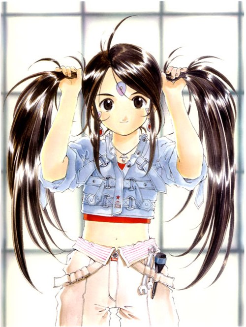 1girl 90s aa_megami-sama black_hair earrings facial_mark forehead_mark fujishima_kousuke jewelry long_hair skuld solo tools twintails