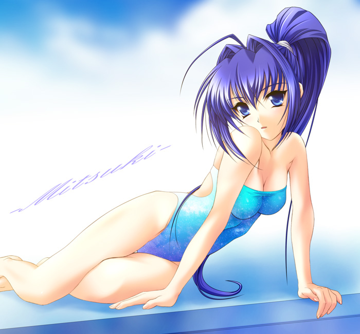 00s 1girl arm_support bare_shoulders blue_eyes blue_hair breasts casual_one-piece_swimsuit cleavage female hair_intakes hayase_mitsuki kimi_ga_nozomu_eien long_hair lying on_side one-piece_swimsuit outdoors ponytail reclining sky solo strapless strapless_swimsuit swimsuit thigh_gap thighs