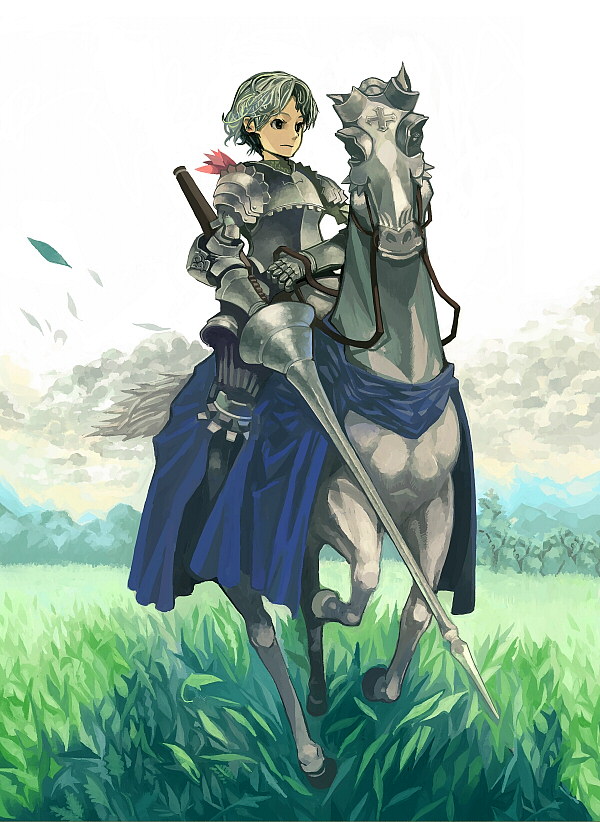 1boy armor breastplate gauntlets grass greaves horse horseback_riding knight lance nature pauldrons polearm reins riding solo spaulders spear weapon