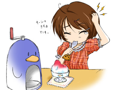 00s 1girl bear bird brain_freeze brown_hair chibi holding holding_spoon lowres penguin rinrin_(sister_princess) shaved_ice sister_princess solo spoon