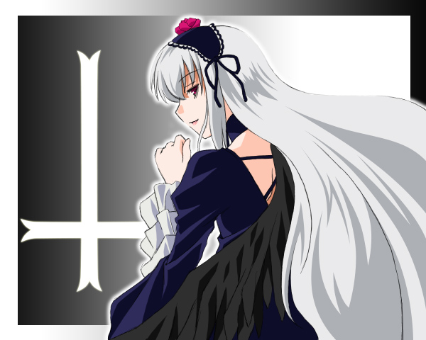 00s 1girl cross dress gothic hair_ornament inverted_cross long_hair red_eyes rozen_maiden solo suigintou umekichi wings