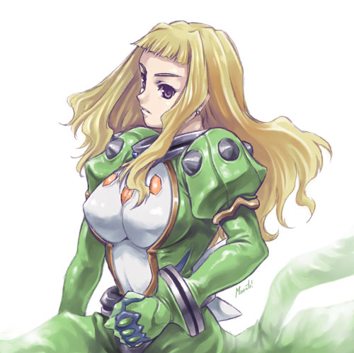 1girl armor blonde_hair breastplate dress expressionless green_dress haruka_armitage jewelry lowres maruto! my-otome neck_ring parted_lips simple_background solo spikes teeth violet_eyes white_background