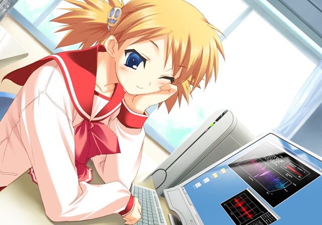 1girl ;) arm_support backlighting bangs blonde_hair blue_eyes blush bow brown_hair cardigan chair chin_rest classroom closed_mouth computer computer_keyboard curtains day desk dutch_angle food_themed_hair_ornament from_side game_cg hair_ornament happy indoors kawata_hisashi laptop long_sleeves monitor office_chair one_eye_closed parted_bangs pocket pumpkin_hair_ornament sasamori_karin school_desk school_uniform serafuku short_hair short_twintails sitting smile solo sunlight table to_heart_2 twintails upper_body window