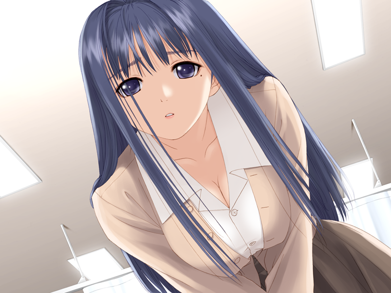 1girl after bangs bent_over black_skirt blazer blue_eyes blue_hair breasts buttons ceiling chihaya_miyuki cleavage collarbone collared_shirt cowboy_shot curtains downblouse dutch_angle from_below game_cg hair_intakes hanging_breasts indoors jacket large_breasts lights long_hair long_sleeves looking_at_viewer mole mole_under_eye parted_lips pleated_skirt pov raised_eyebrows shirt sidelocks skirt solo tanaka_takayuki unbuttoned upper_body v_arms very_long_hair violet_eyes white_shirt wing_collar
