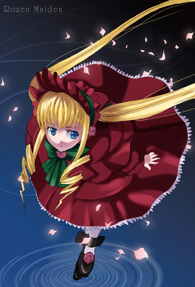 00s 1girl blonde_hair blue_eyes bonnet bow copyright_name dress drill_hair flower full_body inue_shinsuke leaning_forward lolita_fashion long_hair long_sleeves petals red_dress rose rozen_maiden shinku shoes solo standing standing_on_liquid standing_on_water twintails very_long_hair