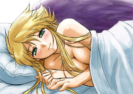 1girl angel_wings bare_shoulders bed bed_sheet black_wings blonde_hair blush breasts breath_of_fire breath_of_fire_ii dr.p green_eyes long_hair looking_at_viewer lowres lying naked_sheet nina_(breath_of_fire_ii) on_side solo wings